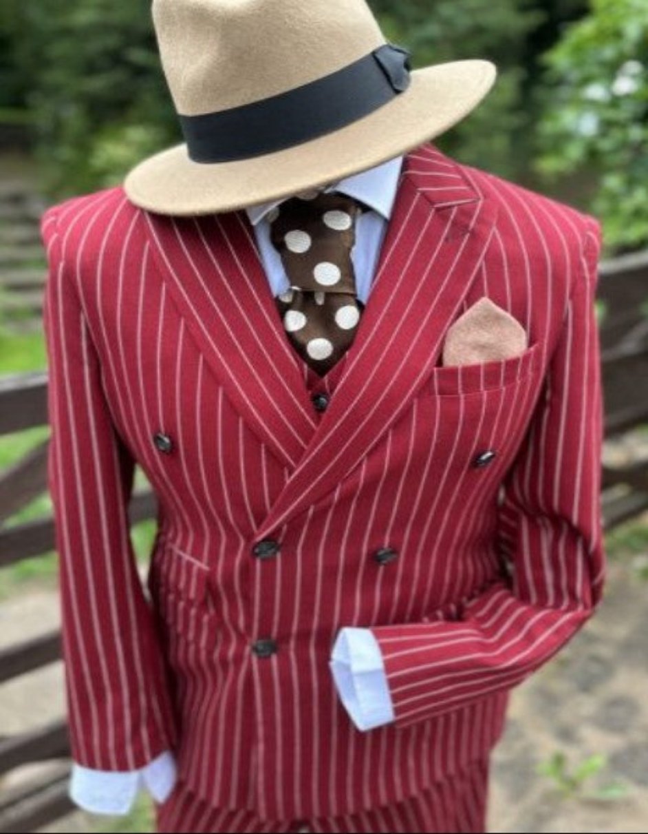 Mens Double Breasted Red and White Pinstripe Six Button Suit - Men's Tuxedo USA