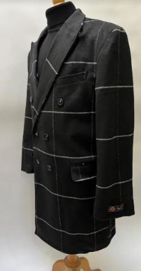 Black Plaid Overcoat - Wool Topcoat With WindowPane Pattern Double Breasted Style - Men's Tuxedo USA