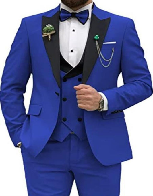 Men 3 Piece Double Breasted Suit Royal Blue - Men's Tuxedo USA