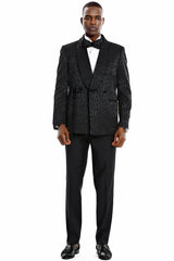 Men's Slim Fit Double Breasted Smoking Jacket Prom & Wedding Tuxedo In Black Paisley - Men's Tuxedo USA