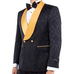 New Double-Breasted Skinny Fit Tuxedo By Tazio, Paisley Black & Gold - Men's Tuxedo USA