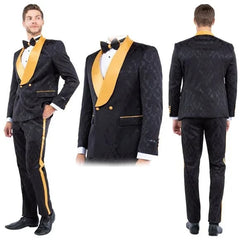 New Double-Breasted Skinny Fit Tuxedo By Tazio, Paisley Black & Gold - Men's Tuxedo USA