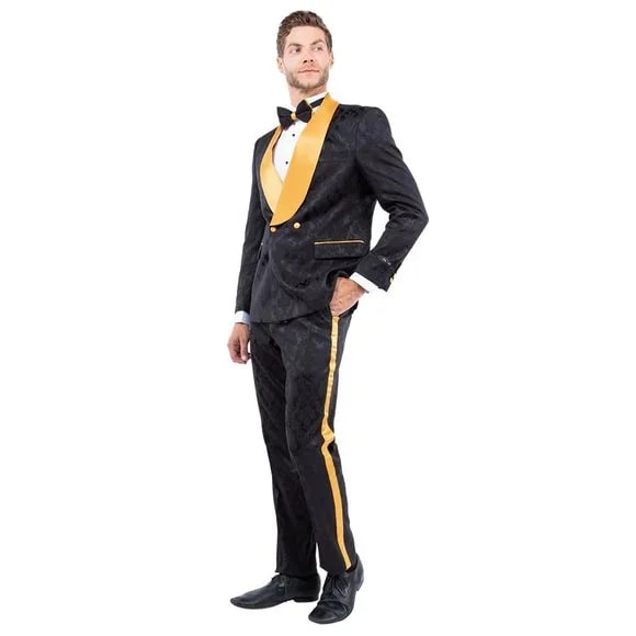 New Double-Breasted Skinny Fit Tuxedo By Tazio, Paisley Black & Gold - Men's Tuxedo USA