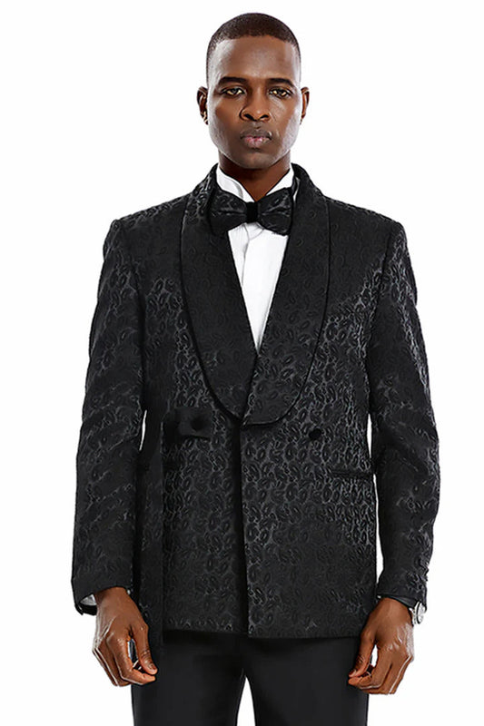 Men's Slim Fit Double Breasted Smoking Jacket Prom & Wedding Tuxedo In Black Paisley - Men's Tuxedo USA