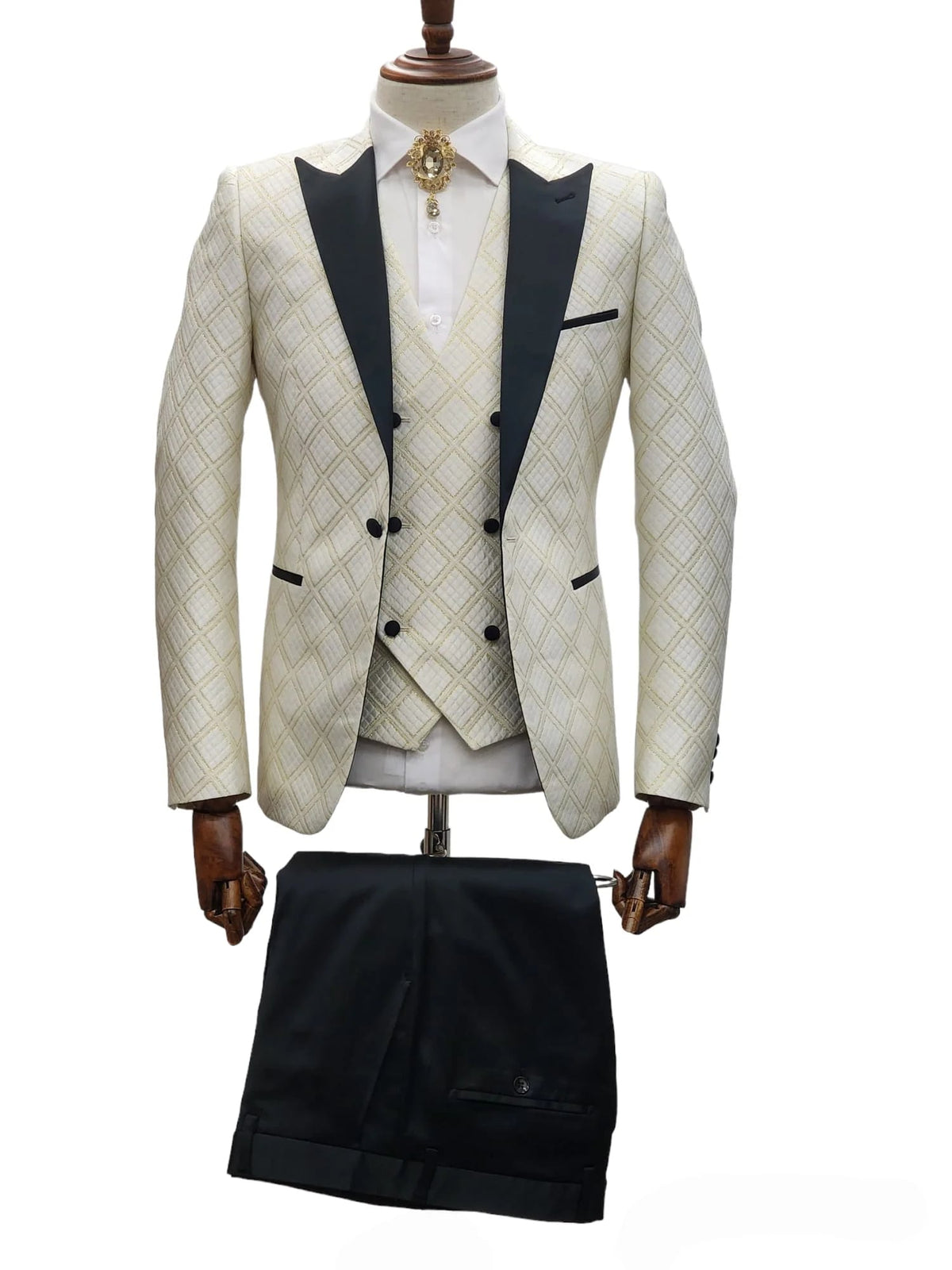 Ivory Tuxedo - Cream Wedding Suit  - Off White Groom Peak Lapel  Suit - Men's Tuxedo USA