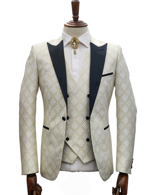 Ivory Tuxedo - Cream Wedding Suit  - Off White Groom Peak Lapel  Suit - Men's Tuxedo USA