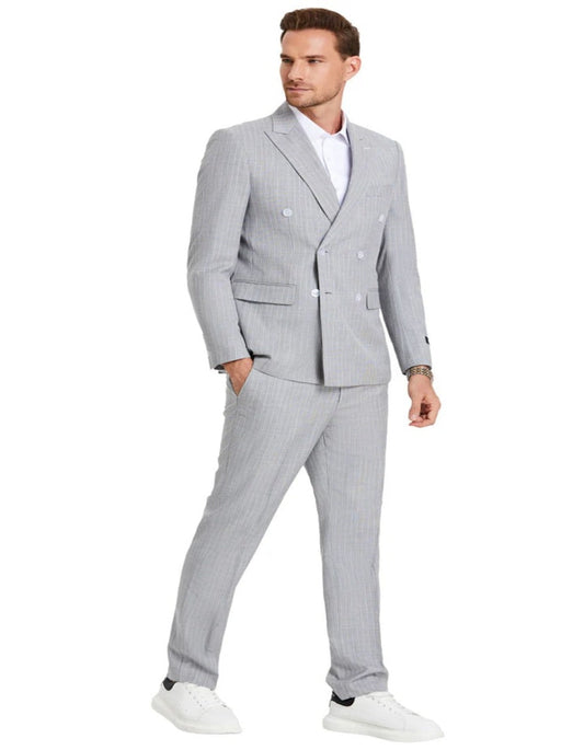 Light Grey Suit - Silver Gray Suit For Wedding - Men's Slim Fit Double Breasted Summer Pastel Light Grey Pinstripe Suit - Men's Tuxedo USA