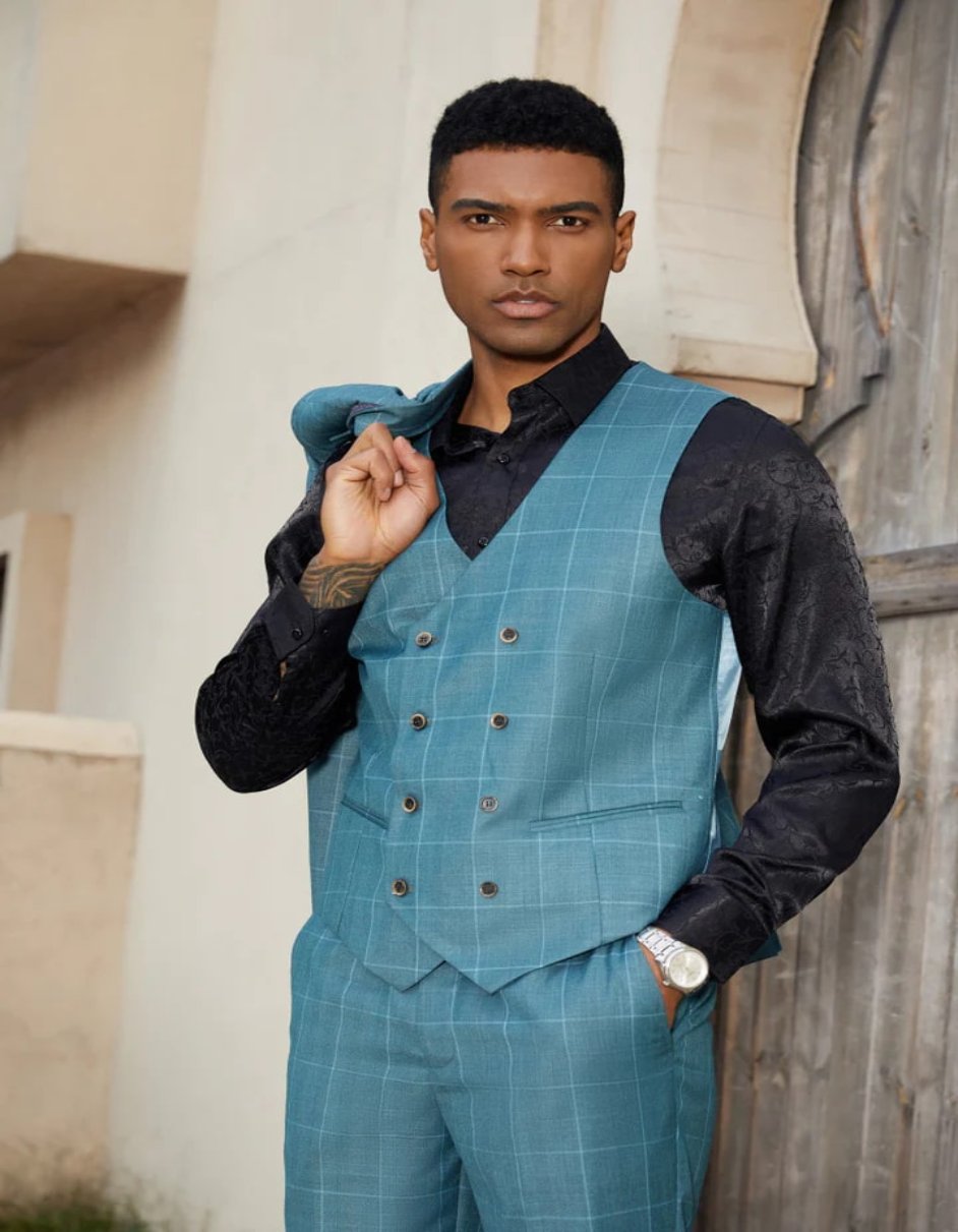 Men's Stacy Adams One Button Peak Lapel Suit with Double Breasted Windowpane Teal Vest - Men's Tuxedo USA