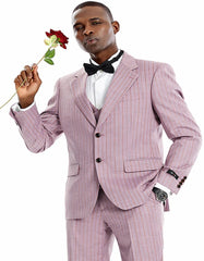 Men's Two Button Vested Wide Notch Lapel Vintage Style Dusty Rose Pink Pinstripe Suit - Men's Tuxedo USA