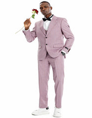 Men's Two Button Vested Wide Notch Lapel Vintage Style Dusty Rose Pink Pinstripe Suit - Men's Tuxedo USA