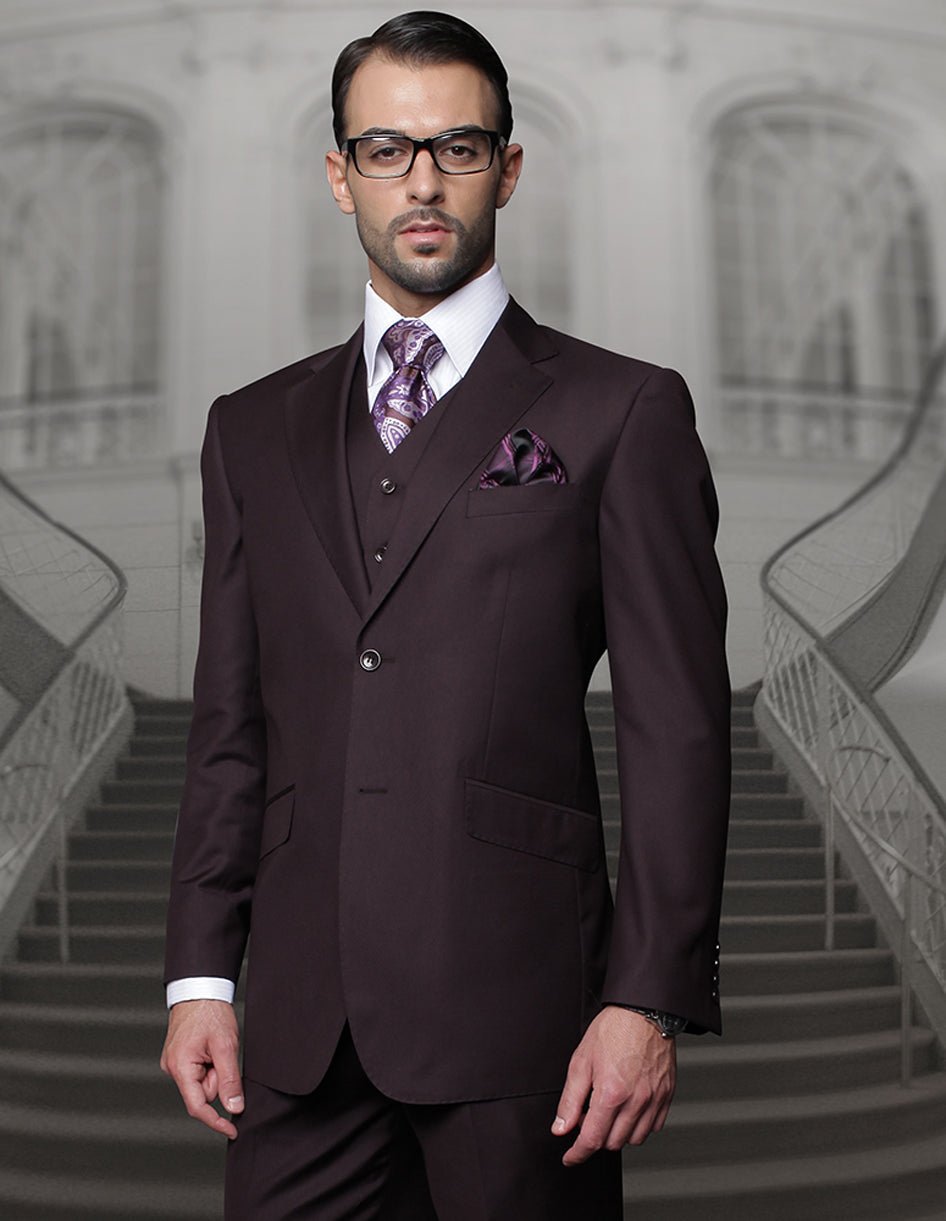 Mens 2 Button Modern Fit Vested Wool Suit in Eggplant - Men's Tuxedo USA