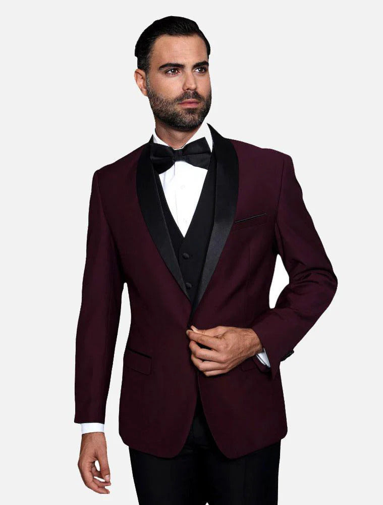 Statement Men's  Burgundy With Black  Lapel  Vested 100% Wool Tuxedo - Men's Tuxedo USA