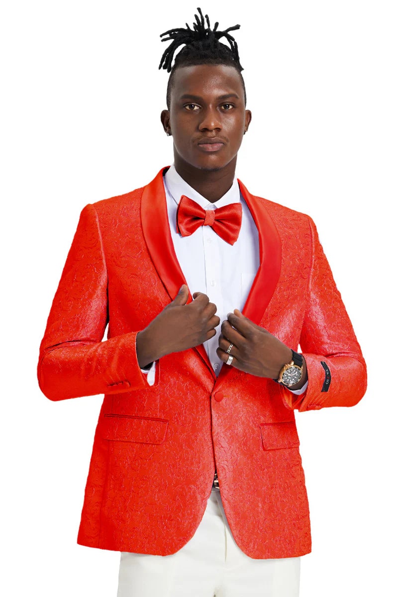 Men's Slim Fit Wedding & Prom Tonal Paisely Tuxedo Jacket In Red - Men's Tuxedo USA