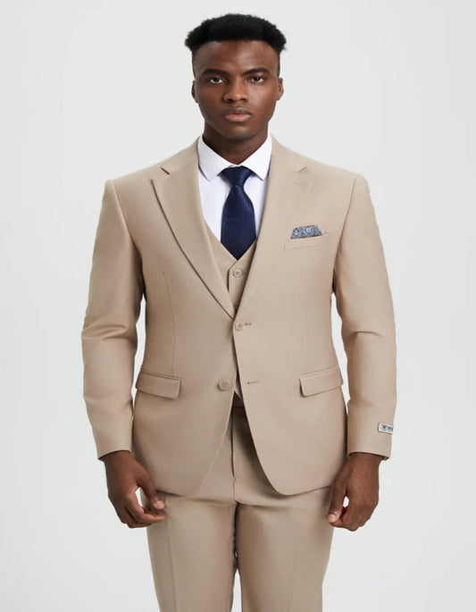 Men's Two Button Vested Stacy Adams Basic Designer Suit in Tan - Men's Tuxedo USA