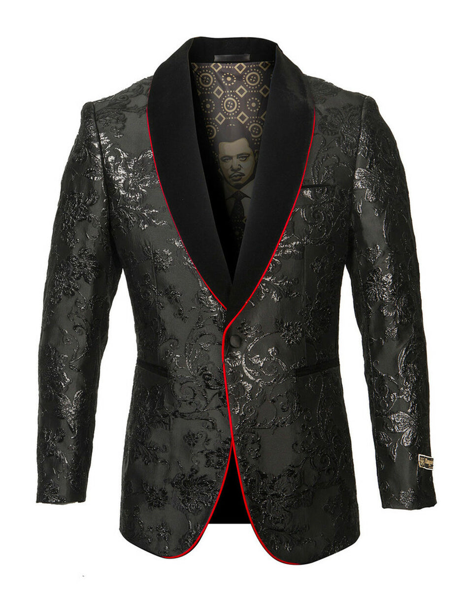 Mens Empire Black Paisley Blazer with Velvet Shawl Lapel and Red Trim - Men's Tuxedo USA