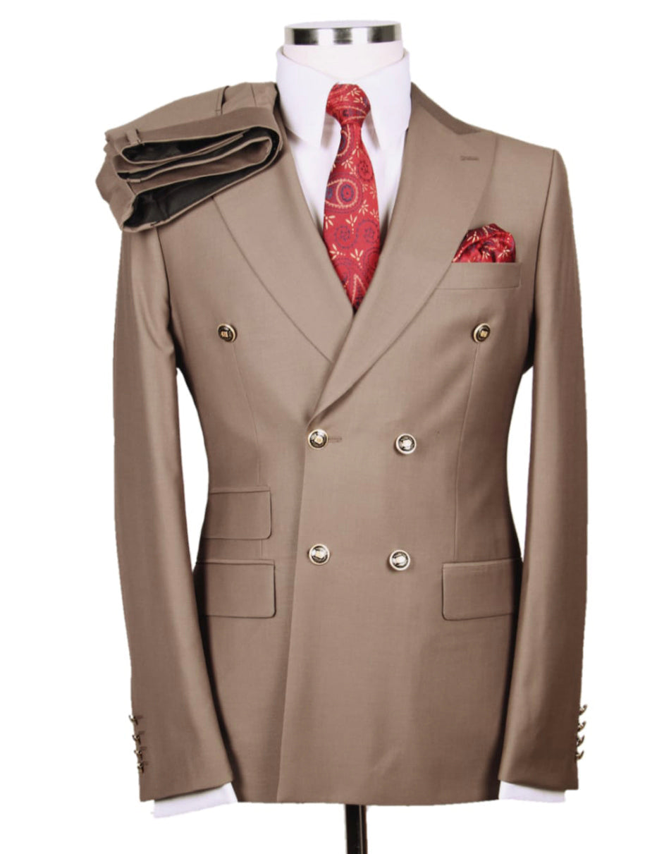 Mens Designer Modern Fit Double Breasted Wool Suit with Gold Buttons in Tan - Men's Tuxedo USA