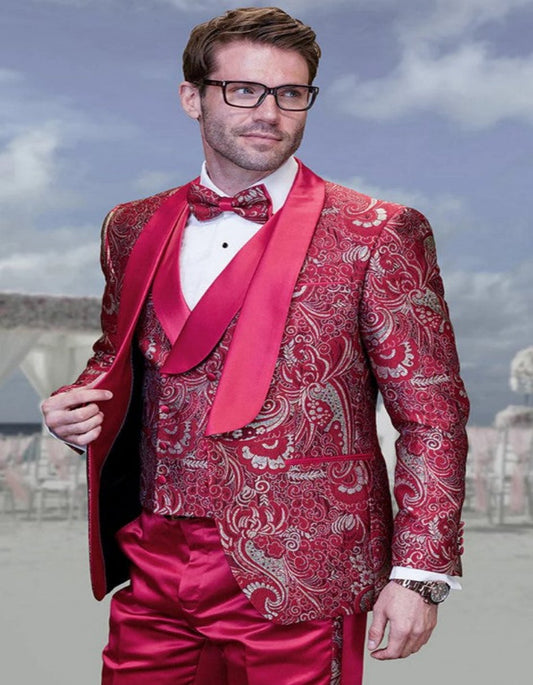 Mens One Button Paisley Vested Prom and Wedding Tuxedo in Red