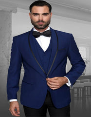 Blue Prom Suit - Blue Homecoming Outfits For Guys Matching Vest and Black Flat Front Pant Sapphire - Men's Tuxedo USA