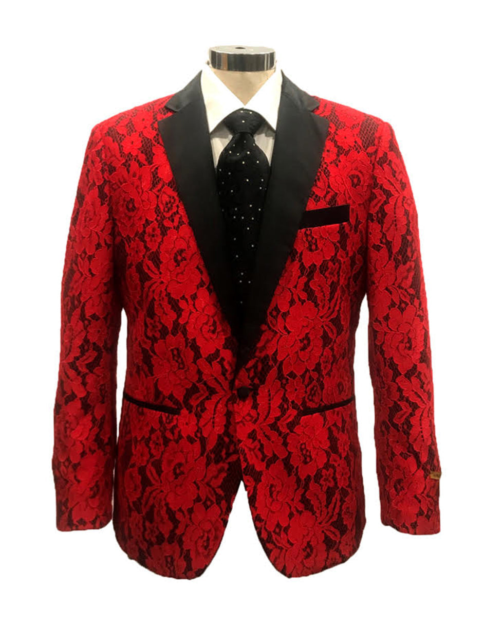 Mens Flower Pattern Lace Blazer in Red - Wedding - Prom