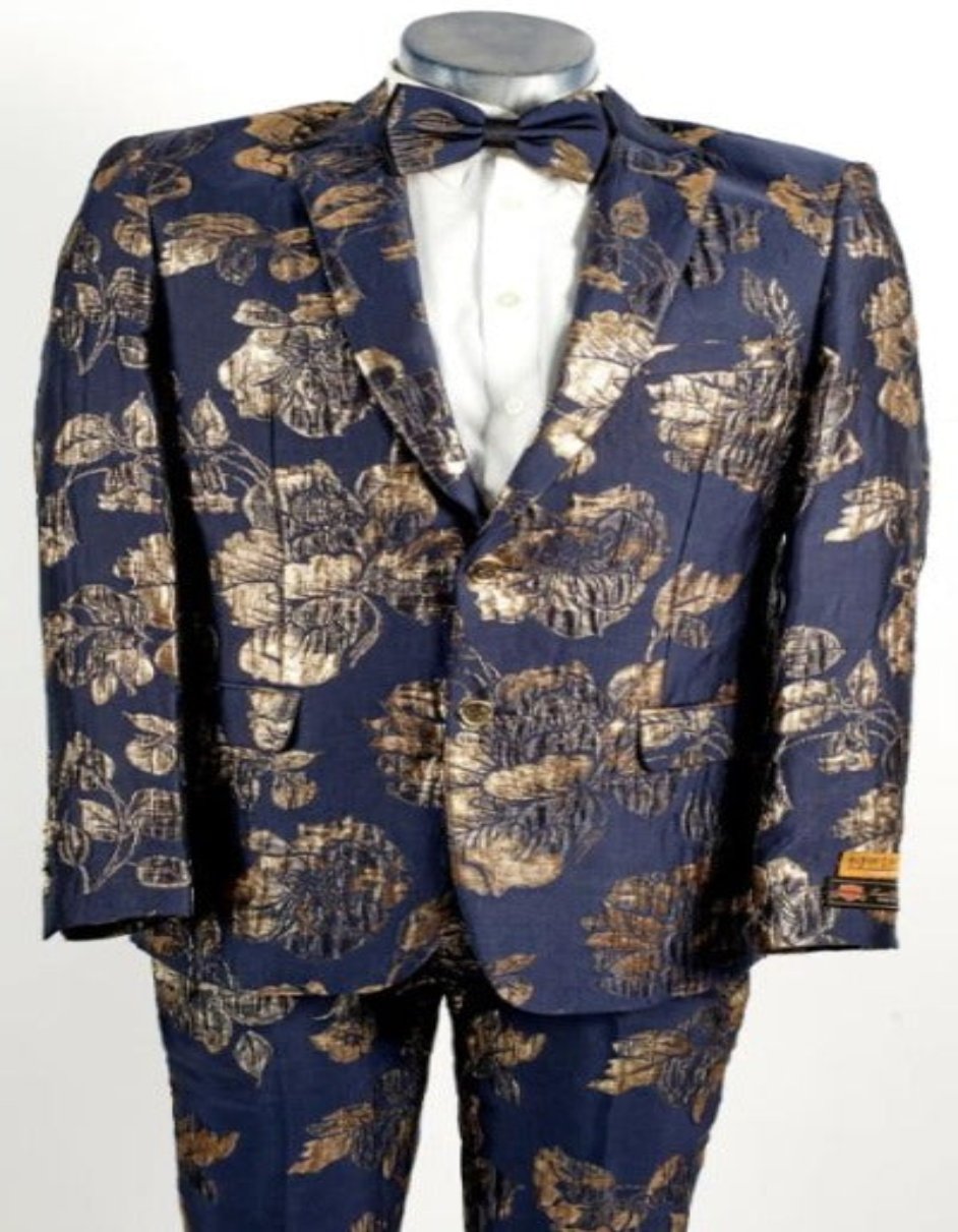 Mens Flower Suit - Floral Suit Mens 2 Button Peak Lapel Navy Blue And Gold Tuxedo - Men's Tuxedo USA