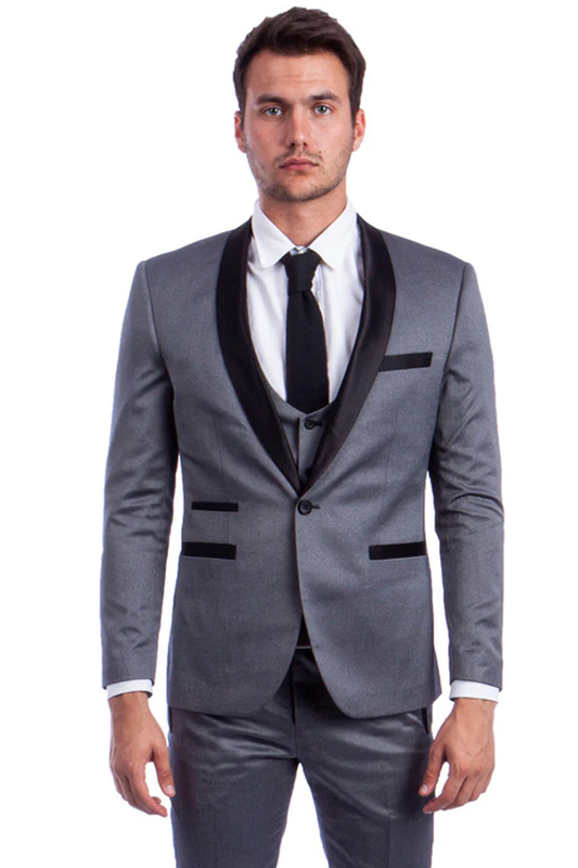 Mens Gray Tuxedo - Grey Wedding Suit-Mens One Button Low Cut  Vested Shawl Tuxedo In Grey - Men's Tuxedo USA