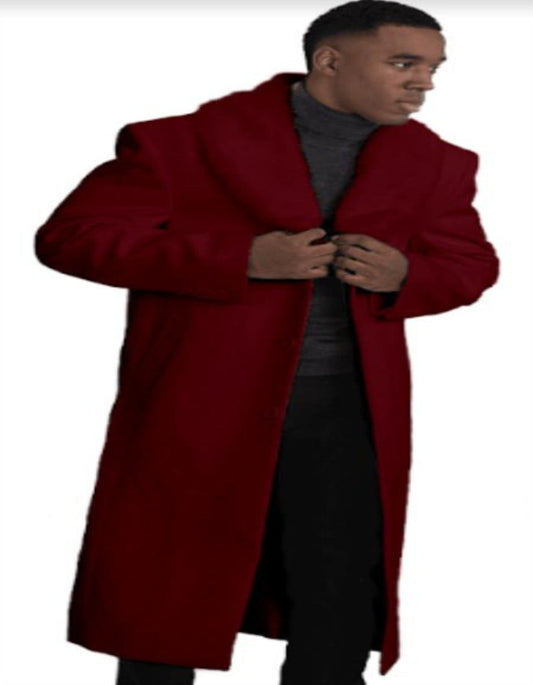 Mens Overcoat With Fur Collar - Burgundy Topcoat - Maroon Wool Fabric Long Coat - Men's Tuxedo USA