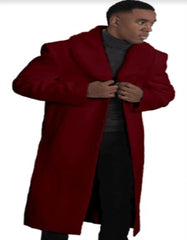 Mens Overcoat With Fur Collar - Burgundy Topcoat - Maroon Wool Fabric Long Coat - Men's Tuxedo USA