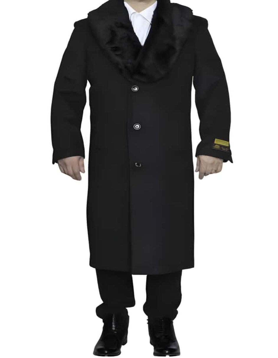 Removable Fur Collar Dark Charcoal Grey Ankle length Wool Dress Top Coat/Overcoat - Mens Overcoat - Men's Tuxedo USA