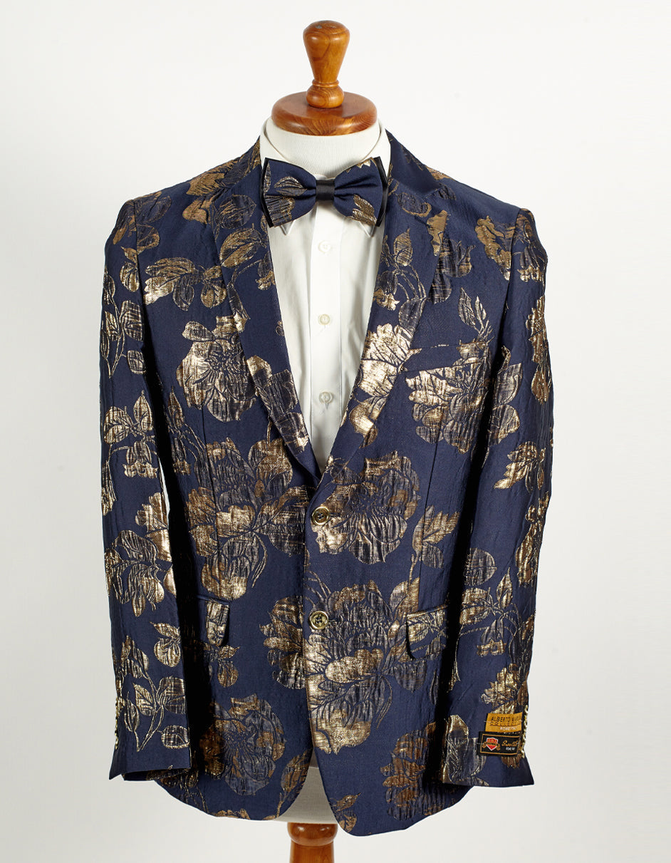 Mens 2 Button Navy Blue & Gold Foil Floral Paisley Prom & Wedding Blazer - Men's Tuxedo USA