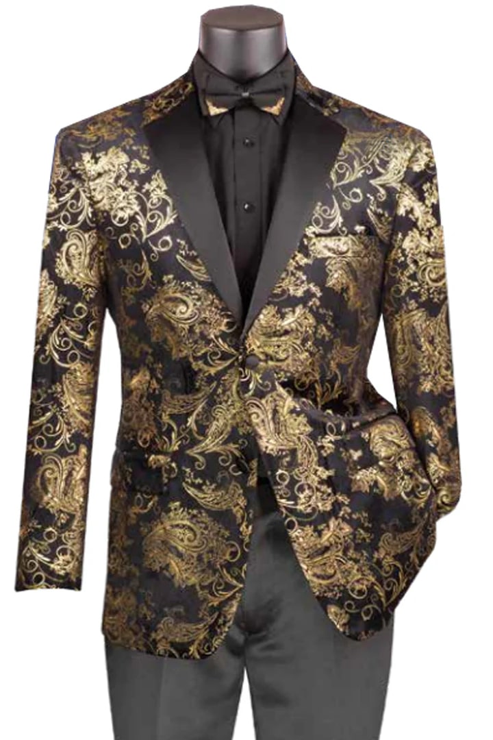 Mens Blazer - Cheap Priced Mens Sport Coat - Mens Paisley Velvet Foil Smoking Jacket Tuxedo In Gold - Men's Tuxedo USA