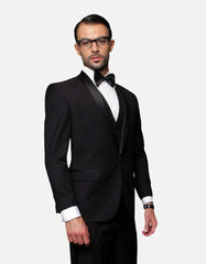 Statement Men's Black with Black Lapel Vested 100% Wool Tuxedo - Men's Tuxedo USA