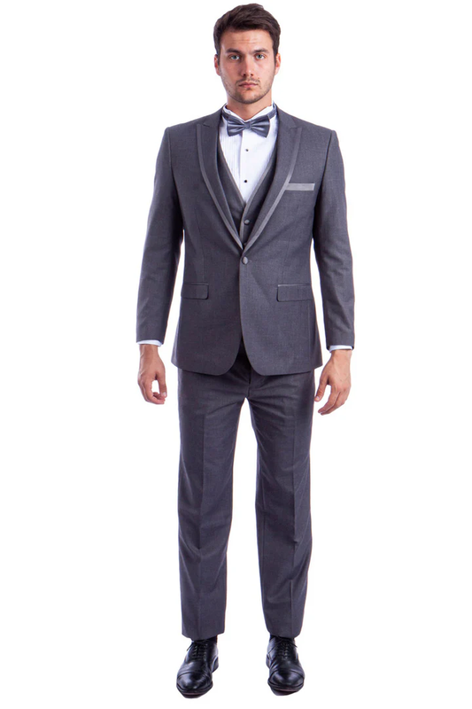 Mens Gray Tuxedo - Grey Wedding Suit-Mens One Button Peak Wedding Tuxedo With Satin Trim In Grey - Men's Tuxedo USA