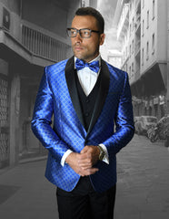 Mens Vested One Button Shawl Tuxedo in Geometric Chain Print in Royal - Men's Tuxedo USA