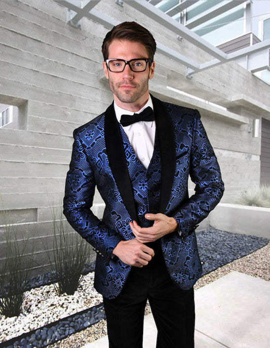 Mens Vested One Button Geometric Print Prom Tuxedo in Royal Blue - Men's Tuxedo USA