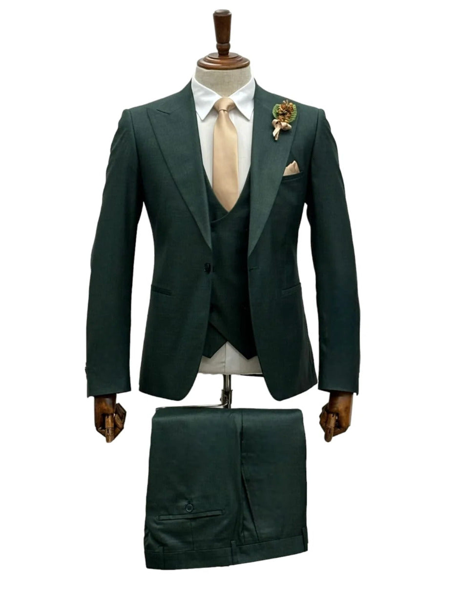 Giovanni Testi Suits With Double Breasted Vest - 3 Pieces Hunter Green Peak Lapel Suit - Men's Tuxedo USA