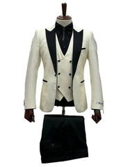 Giovanni Testi Suits With Double Breasted Vest - 3 Pieces Ivory and Black Peak Lapel Suit - Men's Tuxedo USA