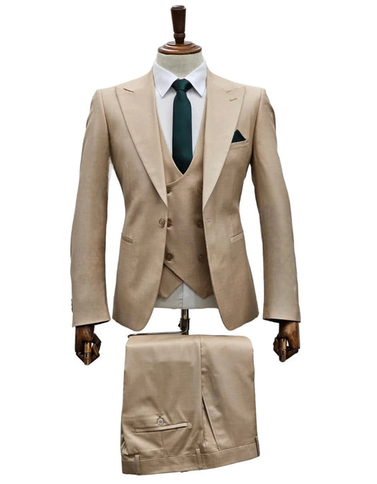 Giovanni Testi Suits With Double Breasted Vest - 3 Pieces Suit Tan Peak Lapel Suit - Men's Tuxedo USA