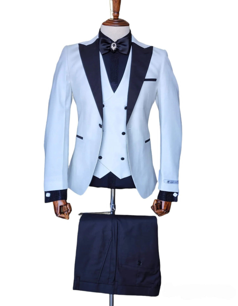 Giovanni Testi Suits With Double Breasted Vest - 3 Pieces White and Black Peak Lapel Suit - Men's Tuxedo USA