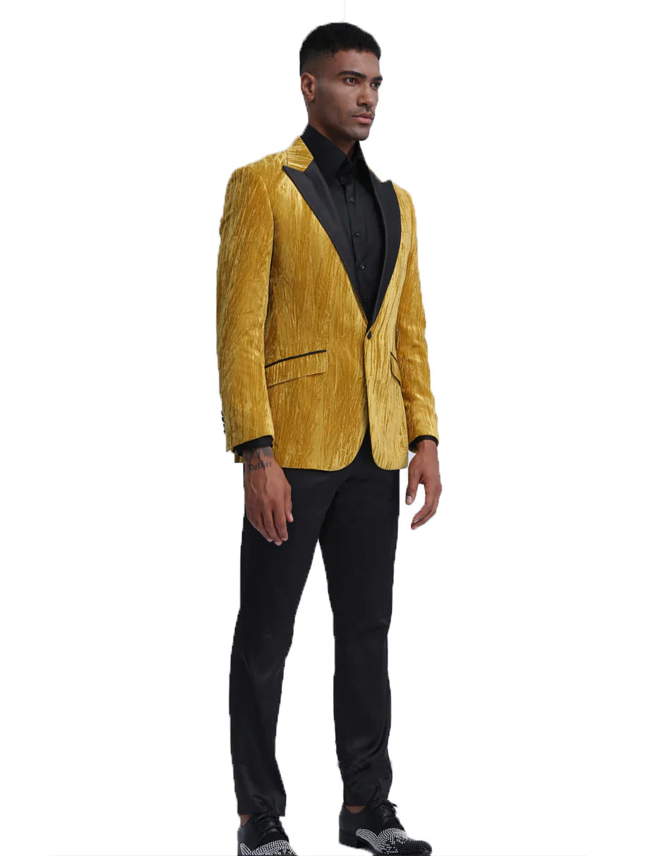 Mens Velvet Smoking Peak Lapel Jacket in Gold | Prom - Men's Tuxedo USA