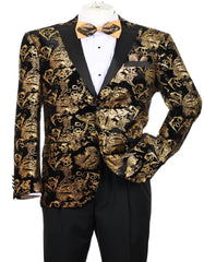 Mens Modern Fit Velvet Floral Paisley Foil Gold and Black Tuxedo Jacket - Men's Tuxedo USA