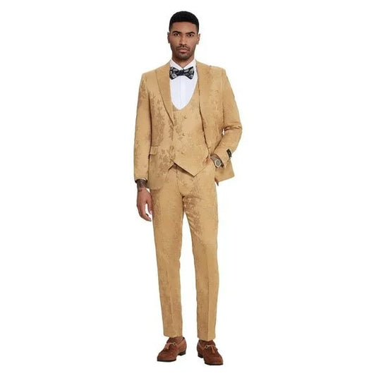 2024 Floral Mens 3PC Suit w/ Double Breasted Vest by Tazzio, Golden - Men's Tuxedo USA