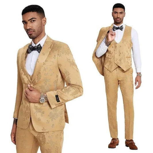 2024 Floral Mens 3PC Suit w/ Double Breasted Vest by Tazzio, Golden - Men's Tuxedo USA