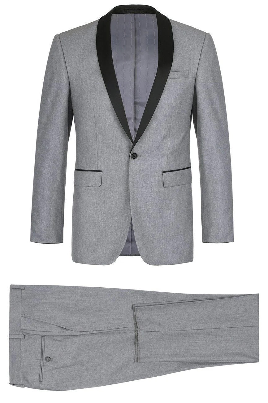 Mens Designer Marseille One Button Satin Trimmed Peak Tuxedo Light Grey - Men's Tuxedo USA