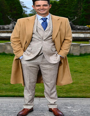 Great Gatsby Custome - Light Tan Tweed Herringbone Suit $169 + Camel Color Overcoat Package  $325