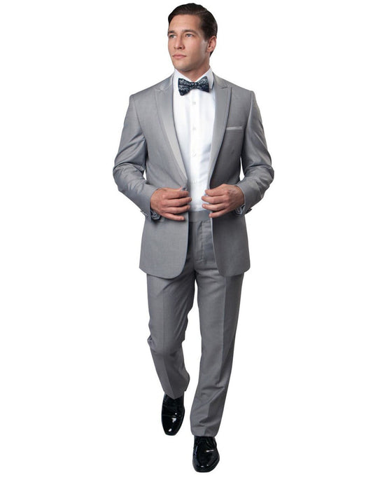 Mens Modern Wool Peak Trim Wedding Tuxedo in Grey - Men's Tuxedo USA