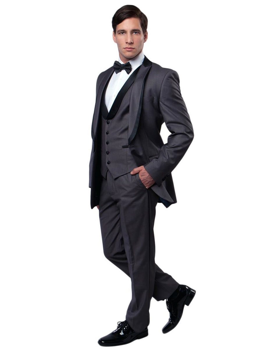 Mens Modern Wool Vested Peak Trim Prom Tuxedo in Charcoal Grey - Men's Tuxedo USA