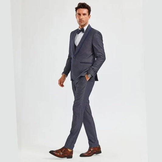 New Tazio Birdseye Textured Grey Tuxedo | Shawl Collar Satin Trim 3-Piece - Men's Tuxedo USA