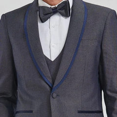 New Tazio Birdseye Textured Grey Tuxedo | Shawl Collar Satin Trim 3-Piece - Men's Tuxedo USA