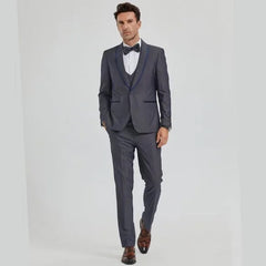 New Tazio Birdseye Textured Grey Tuxedo | Shawl Collar Satin Trim 3-Piece - Men's Tuxedo USA