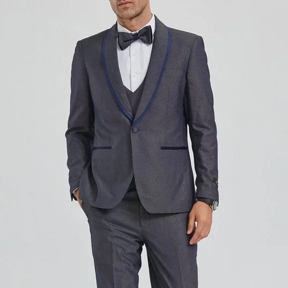 New Tazio Birdseye Textured Grey Tuxedo | Shawl Collar Satin Trim 3-Piece - Men's Tuxedo USA